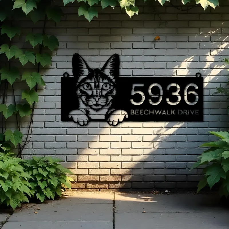 Custom Metal Savannah Cute peeking cat kitten Metal Address Sign, House number, Outdoor Number Signage, Yard Sign Address Plate