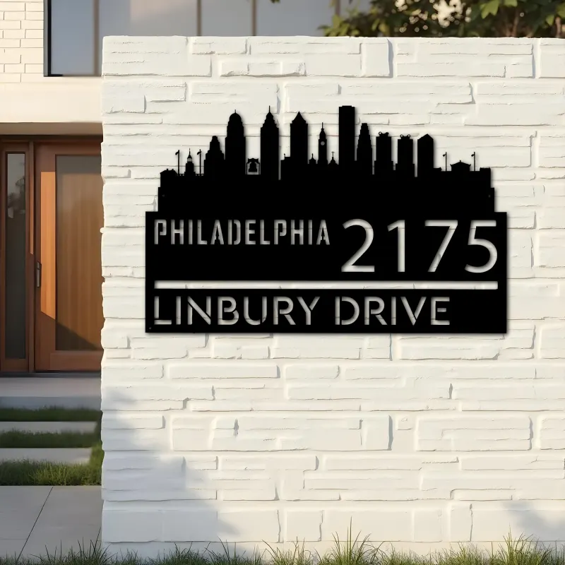 Custom Metal Philadelphia city skyline Metal Address Sign Hanging Address Plaque house number Yard Outdoor Sign