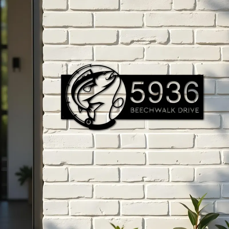Custom Metal Fish Fishing rod Metal Address Sign Custom House number Hanging Address Plaque Yard Sign Outdoor
