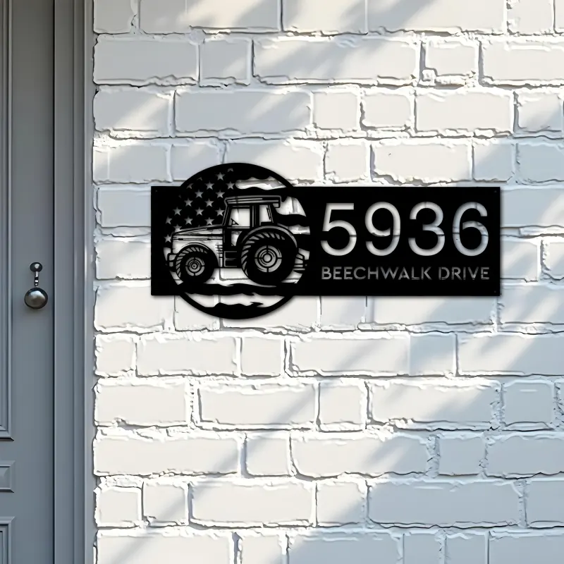 Custom Metal Farm tractor US flag Metal Address Sign Custom House number Hanging Address Plaque Yard Sign Outdoor