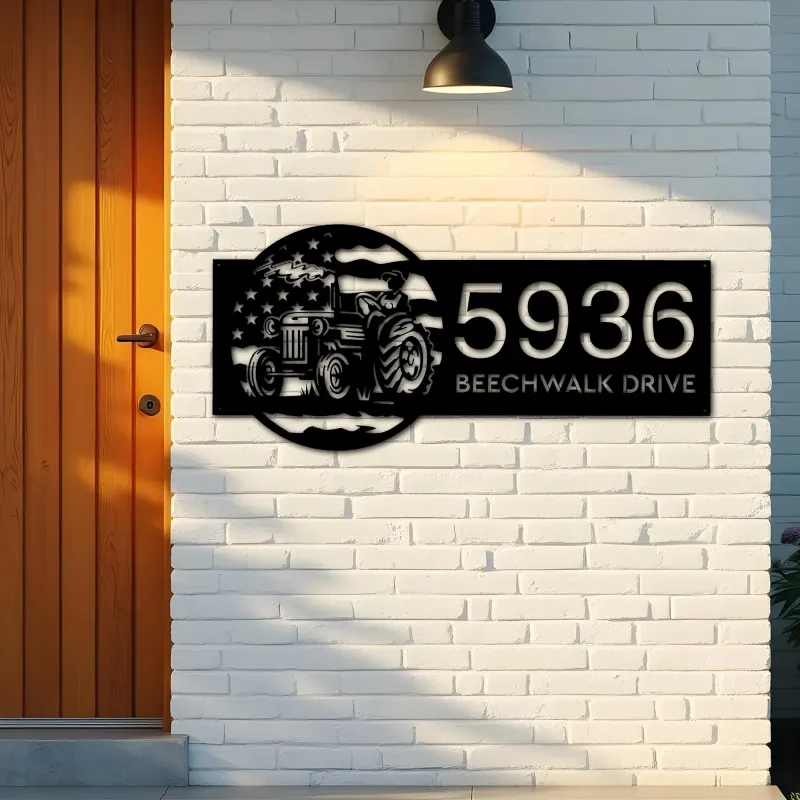 Custom Metal Farmer on tractor on US flag Metal Address Sign, House number, Outdoor Number Signage, Yard Sign Address Plate