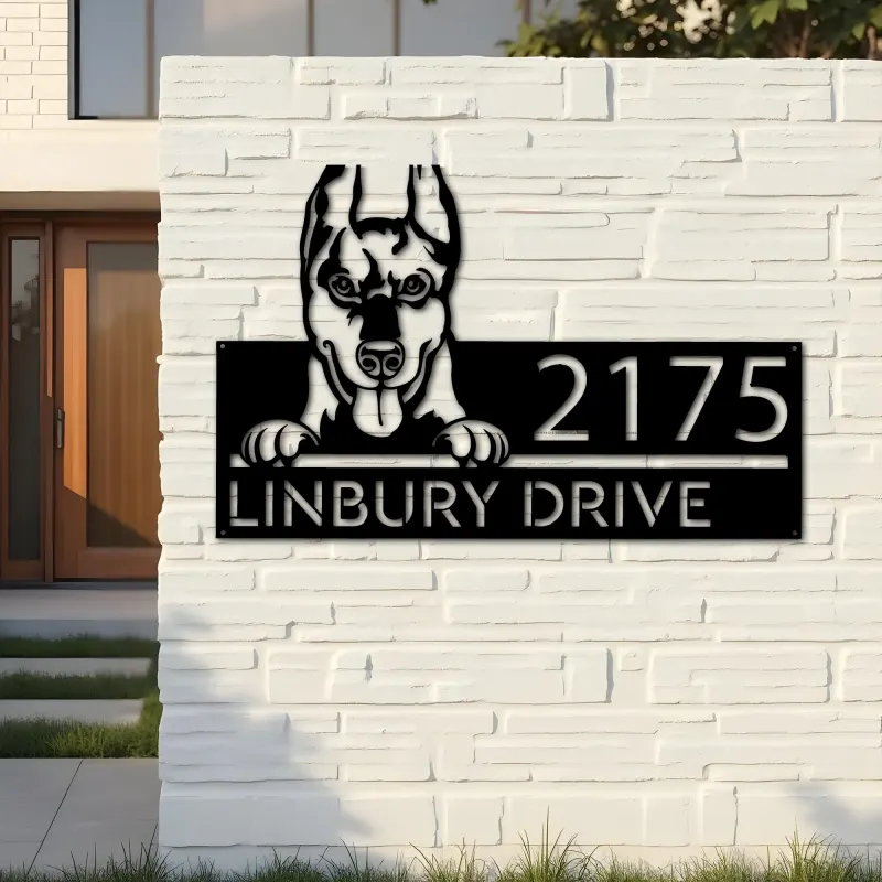 Custom Metal Doberman dog Puppy Metal Address Sign House number Hanging Address Plaque Yard Sign Outdoor decor
