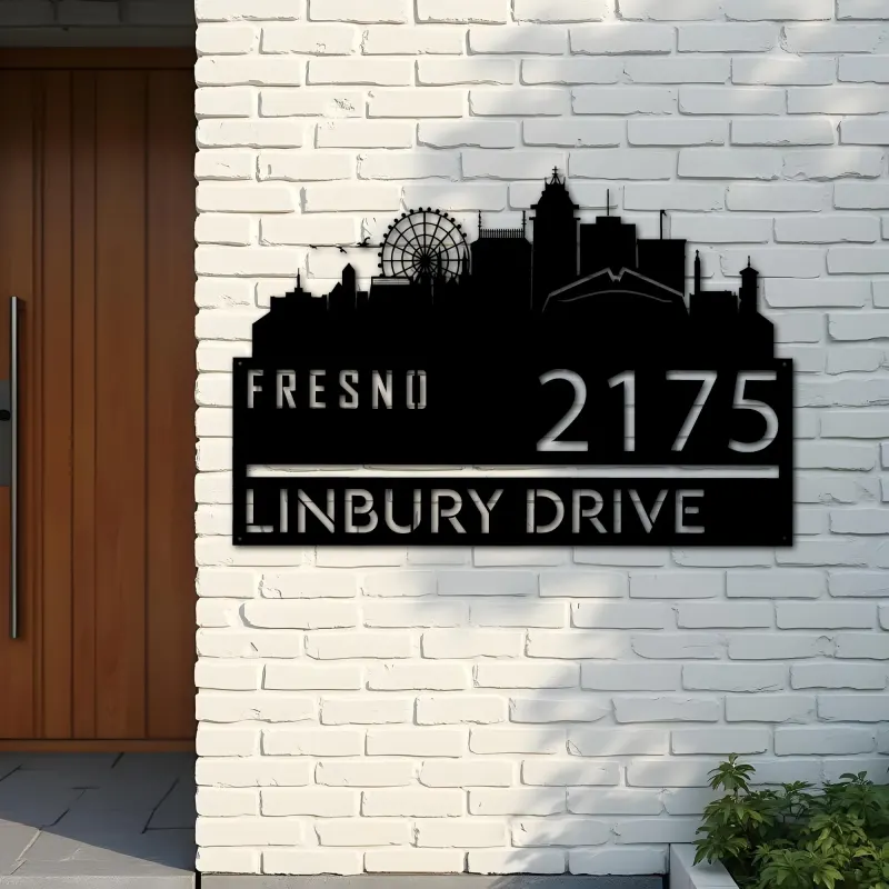 Custom Metal Fresno city skyline Metal Address Sign Hanging Address Plaque house number Yard Outdoor Sign