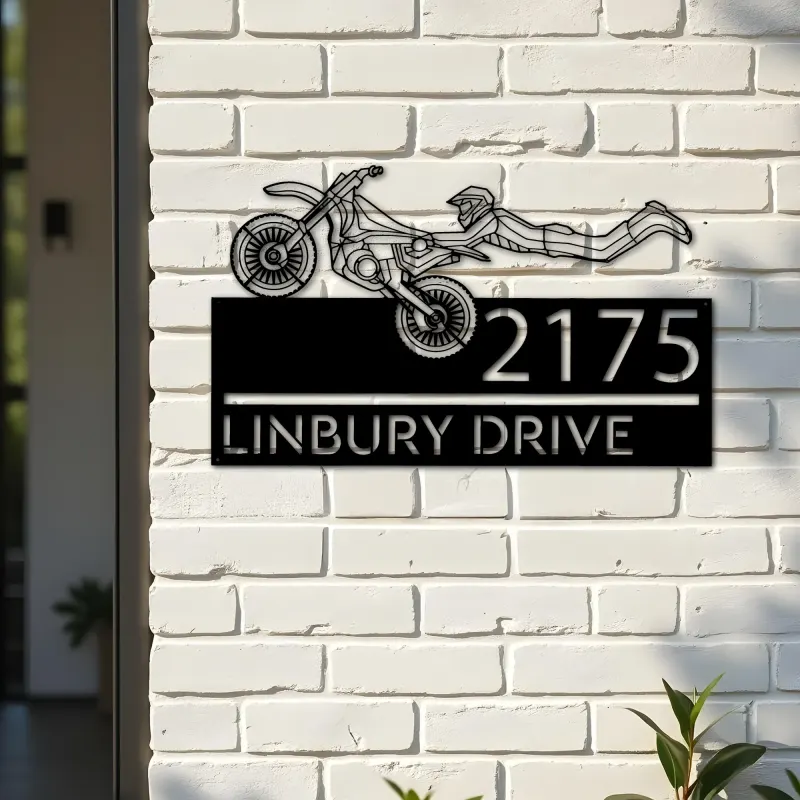 Custom Metal Motocross dirtbike biker Metal Address Sign, House number, Outdoor Number Signage, Yard Sign Address Plate