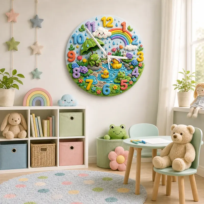 Springtime Frog & Duck Pond Kids Room Wall Clock
