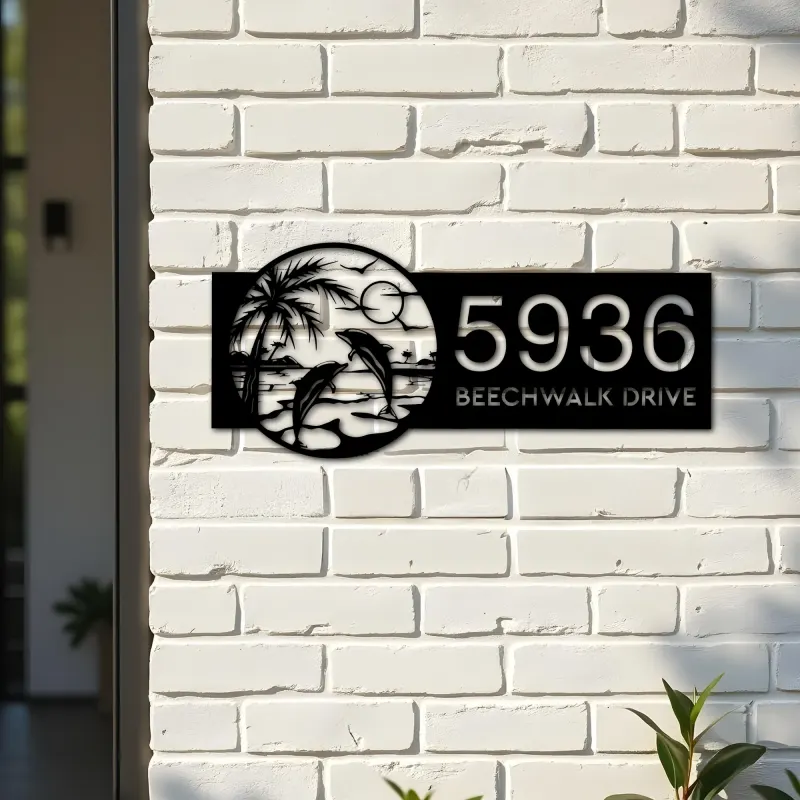Custom Metal Dolphins Couple Metal Address Sign Custom Hanging Address Plaque House number Yard Sign Outdoor Sign