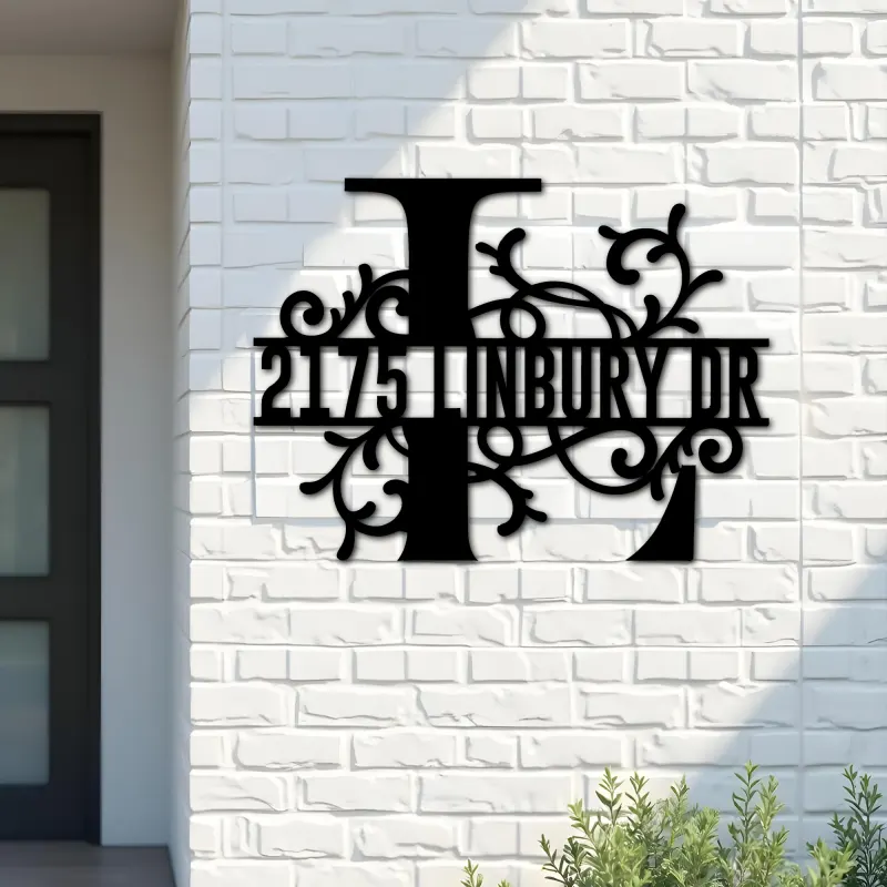 Custom Metal Floral Monogram Split Letter L Metal Address Sign House number Hanging Address Plaque Yard Sign Outdoor decor