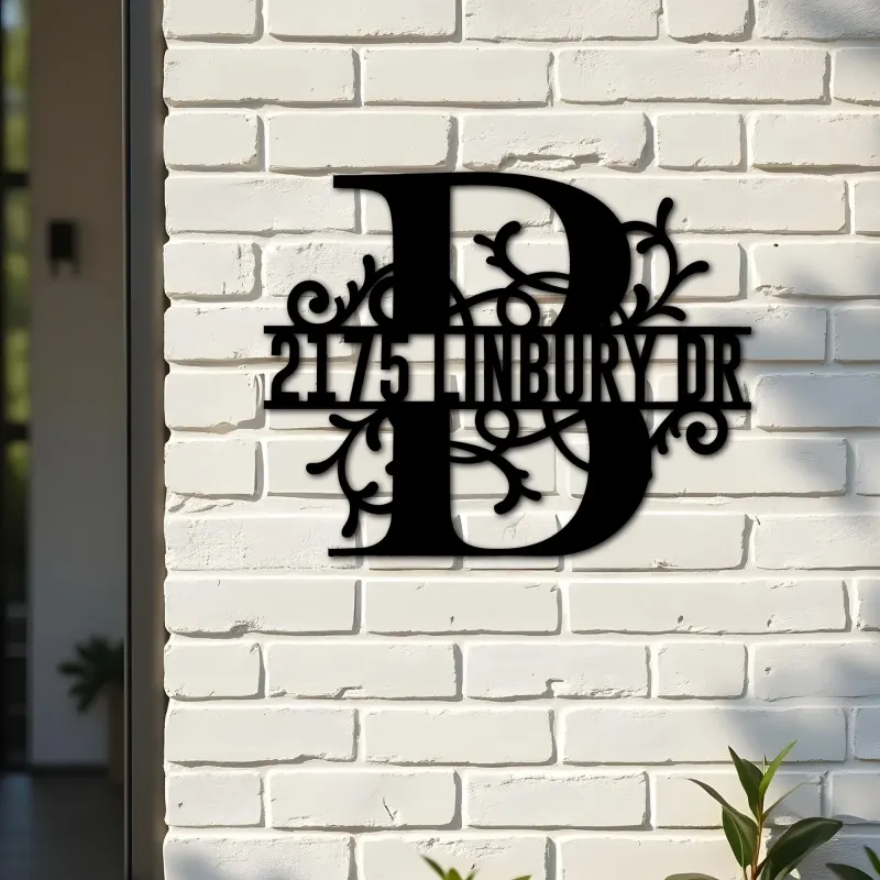 Custom Metal Floral Monogram Split Letter B Metal Address Sign House number Hanging Address Plaque Yard Sign Outdoor decor
