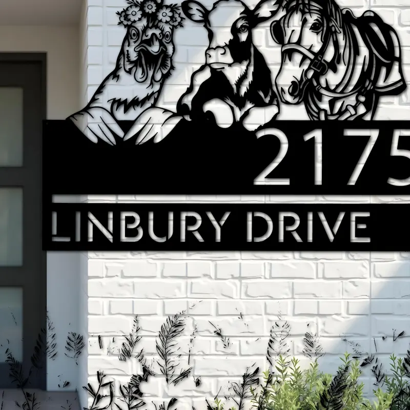 Custom Metal Chicken Cow horse farmhouse farm animals Metal Address Sign, House number, Outdoor Number Signage, Yard Sign Address Plate