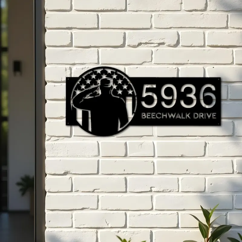 Custom Metal US soldier American Flag Veteran Metal Address Sign, House number, Outdoor Number Signage, Yard Sign Address Plate