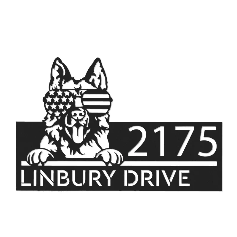 Custom Metal German Shepherd dog US flag glasses Metal Address Sign House number Hanging Address Plaque Yard Sign Outdoor decor