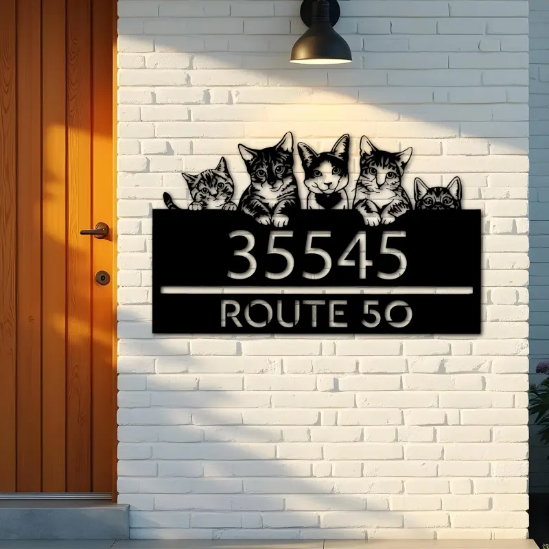 Custom Metal Cute peeking cats kittens Metal Address Sign, House number, Outdoor Number Signage, Yard Sign Address Plate
