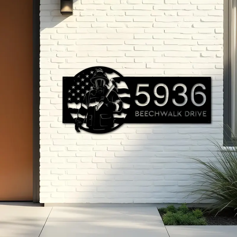 Custom Metal Fireman Fire Fighter US flag Metal Address Sign House number Hanging Address Plaque Yard Sign Outdoor