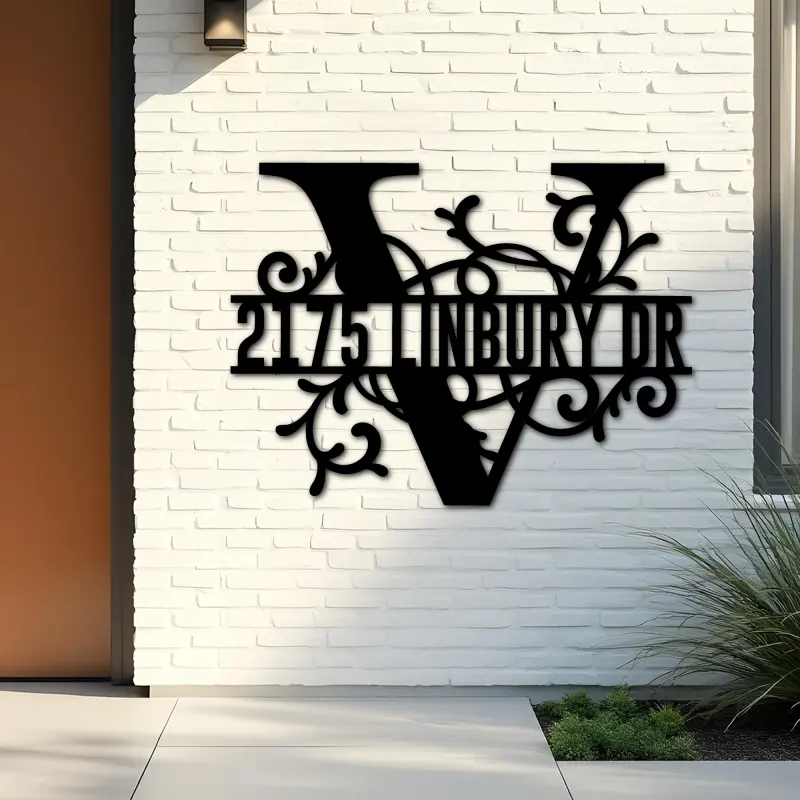 Custom Metal Floral Monogram Split Letter V Metal Address Sign House number Hanging Address Plaque Yard Sign Outdoor decor