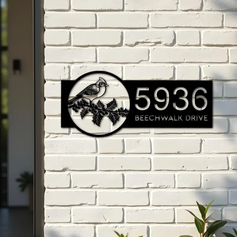 Custom Metal Red cardinal bird Metal Address Sign, House number, Outdoor Number Signage, Yard Sign Address Plate