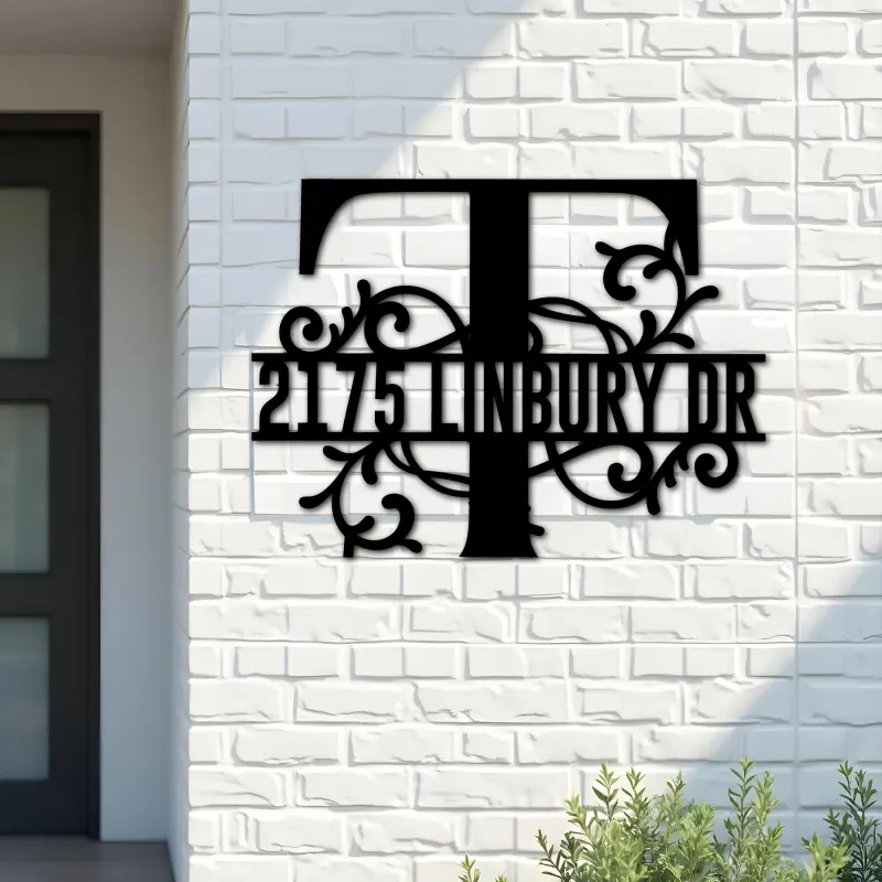Custom Metal Floral Monogram Split Letter T Metal Address Sign House number Hanging Address Plaque Yard Sign Outdoor decor