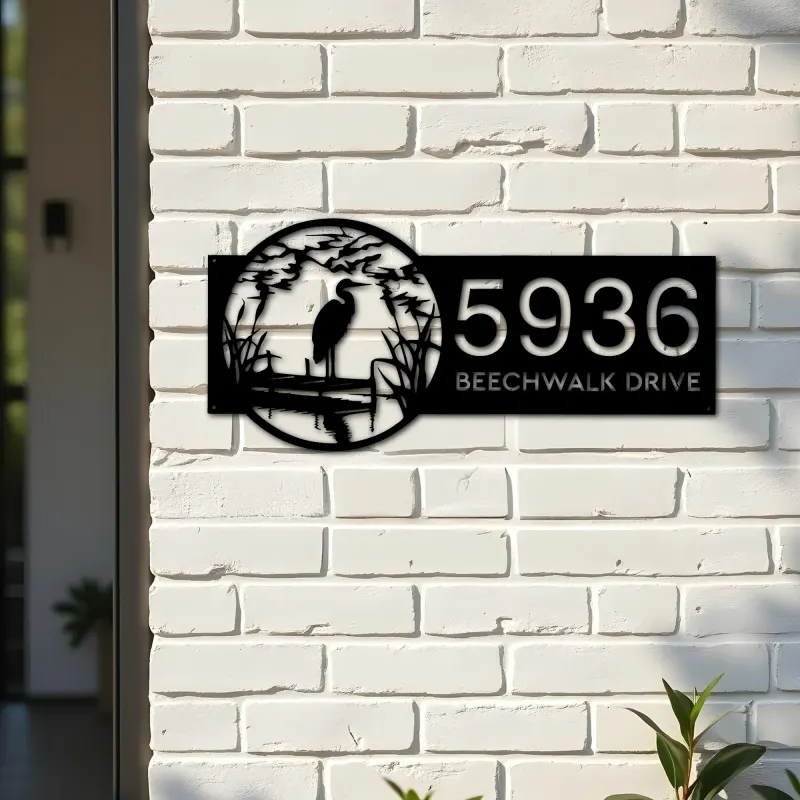 Custom Metal River scene stork Metal Address Sign, House number, Outdoor Number Signage, Yard Sign Address Plate