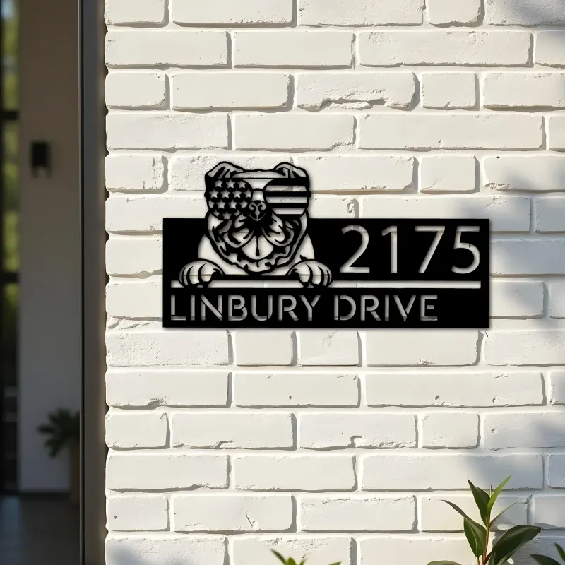 Custom Metal English Bulldog dog US flag glasses Metal Address Sign House number Hanging Address Plaque Yard Sign Outdoor decor