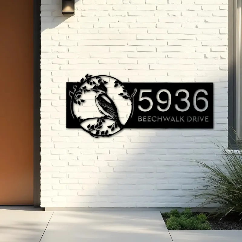 Custom Metal Kingfisher bird on tree branch Metal Address Sign Custom Hanging Address Plaque House number Yard Sign Outdoor