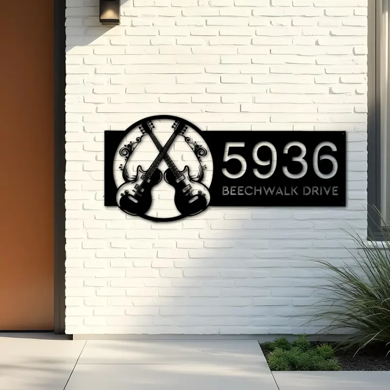 Custom Metal Electric guitar Guitarist Metal Address Sign Custom House number Hanging Address Plaque Yard Sign Outdoor