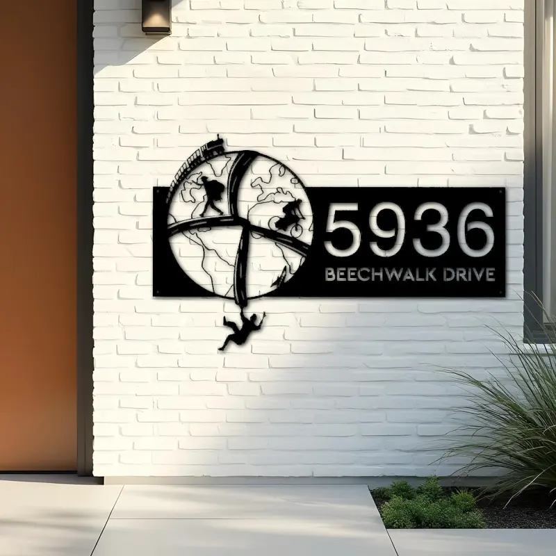 Custom Metal World traveling adventure Address Sign House number Hanging Address Plaque Yard Sign Outdoor Sign