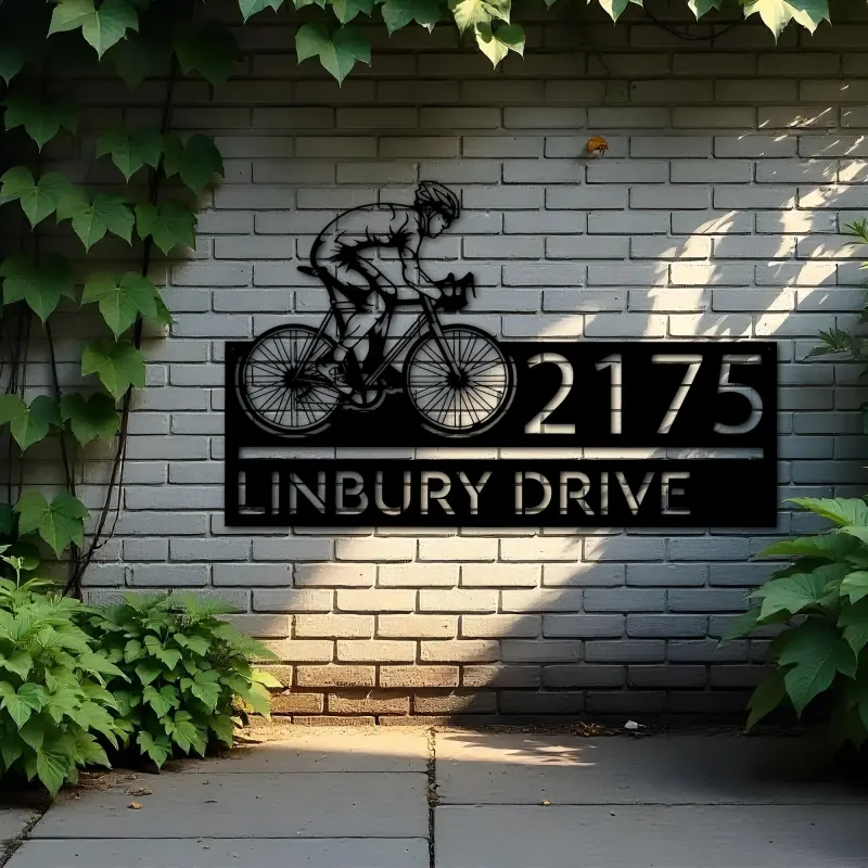 Custom Metal Cyclist biker Metal Address Sign, House number, Outdoor Number Signage, Yard Sign Address Plate