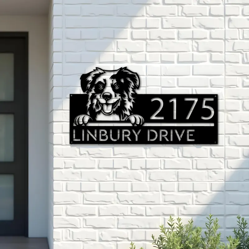 Custom Metal Australian Shepherd dog cute puppy Metal Address Sign House number Hanging Address Plaque Yard Sign Outdoor decor