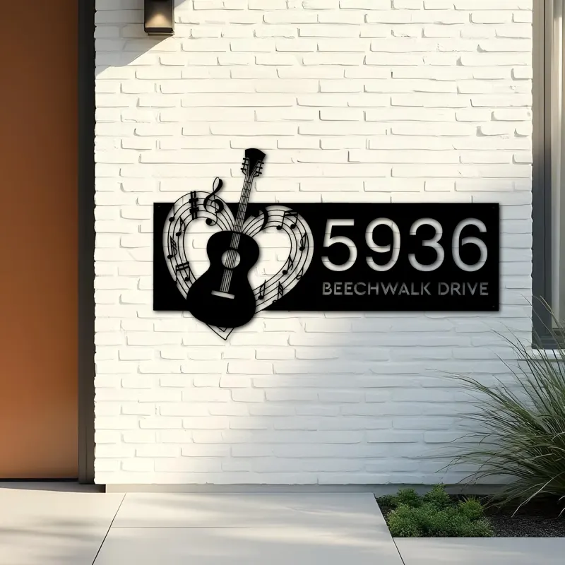 Custom Metal Love Guitar music notes Guitarist Metal Address Sign, House number, Outdoor Number Signage, Yard Sign Address Plate