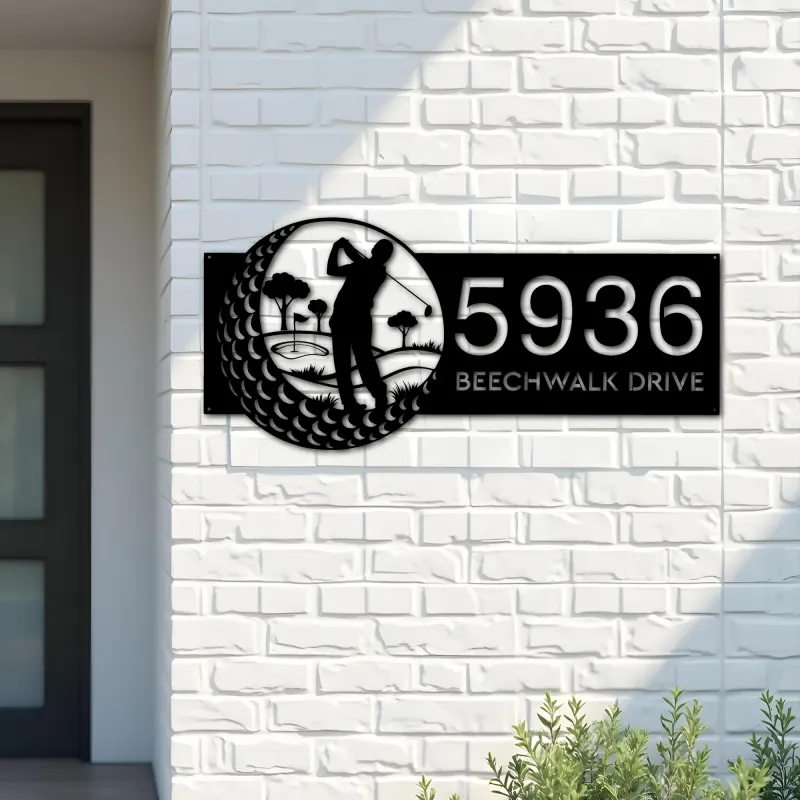 Custom Metal Golfer Golf Club Metal Address Sign, House number, Outdoor Number Signage, Yard Sign Address Plate