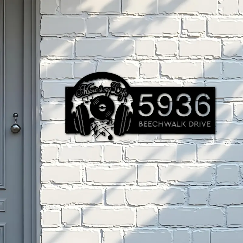 Custom Metal Music is my life headset Metal Address Sign Custom House number Hanging Address Plaque Yard Sign Outdoor