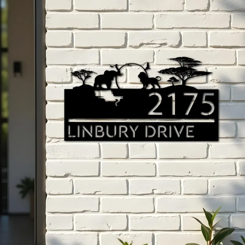 Custom Metal Safari scene african wild life Metal Address Sign, House number, Outdoor Number Signage, Yard Sign Address Plate