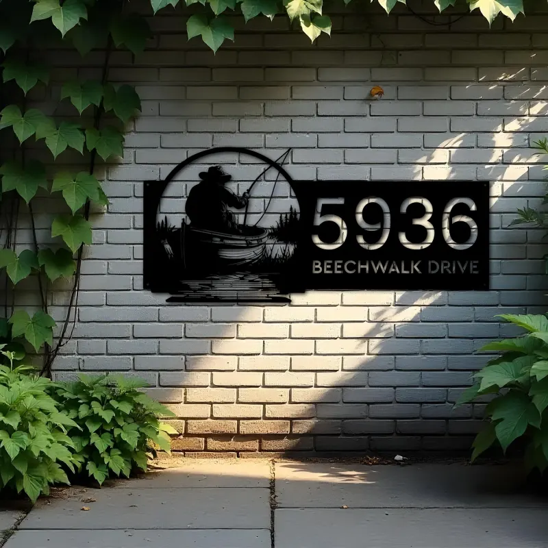 Custom Metal Fisherman in boat fishing Metal Address Sign, House number, Outdoor Number Signage, Yard Sign Address Plate