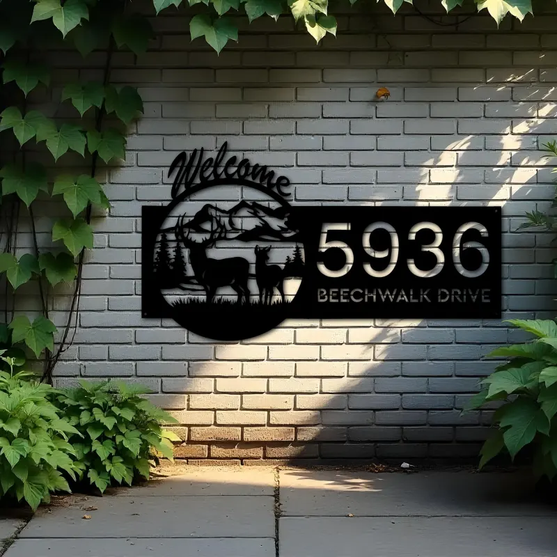 Custom Metal Deer mountain scene Wildlife Welcome Metal Address Sign, House number, Outdoor Number Signage, Yard Sign Address Plate