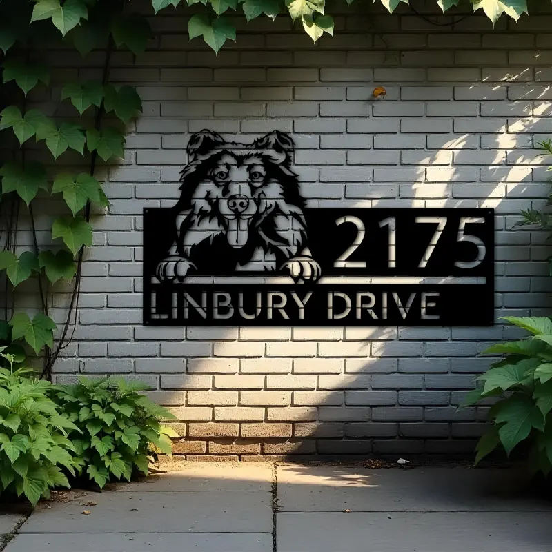 Custom Metal Collie dog Puppy Metal Address Sign House number Hanging Address Plaque Yard Sign Outdoor decor