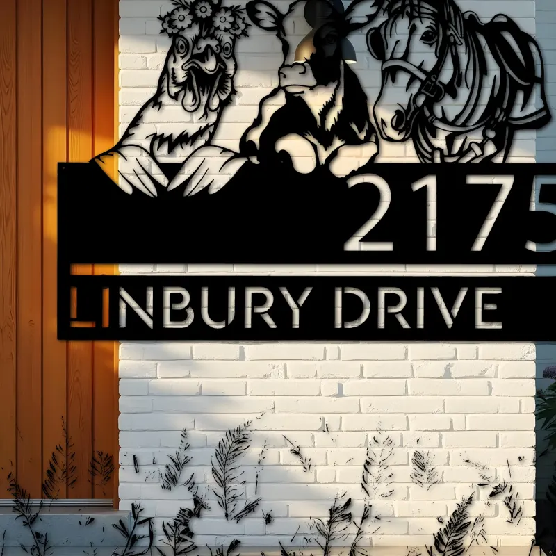 Custom Metal Chicken Cow horse farmhouse farm animals Metal Address Sign, House number, Outdoor Number Signage, Yard Sign Address Plate