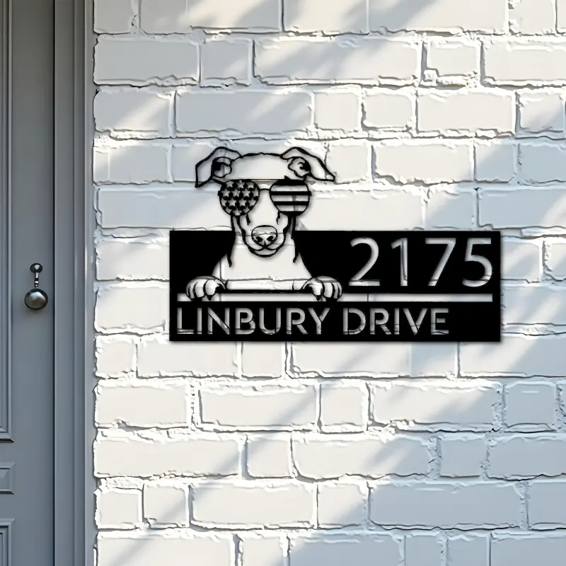 Custom Metal Whippet dog US flag glasses Metal Address Sign House number Hanging Address Plaque Yard Sign Outdoor decor