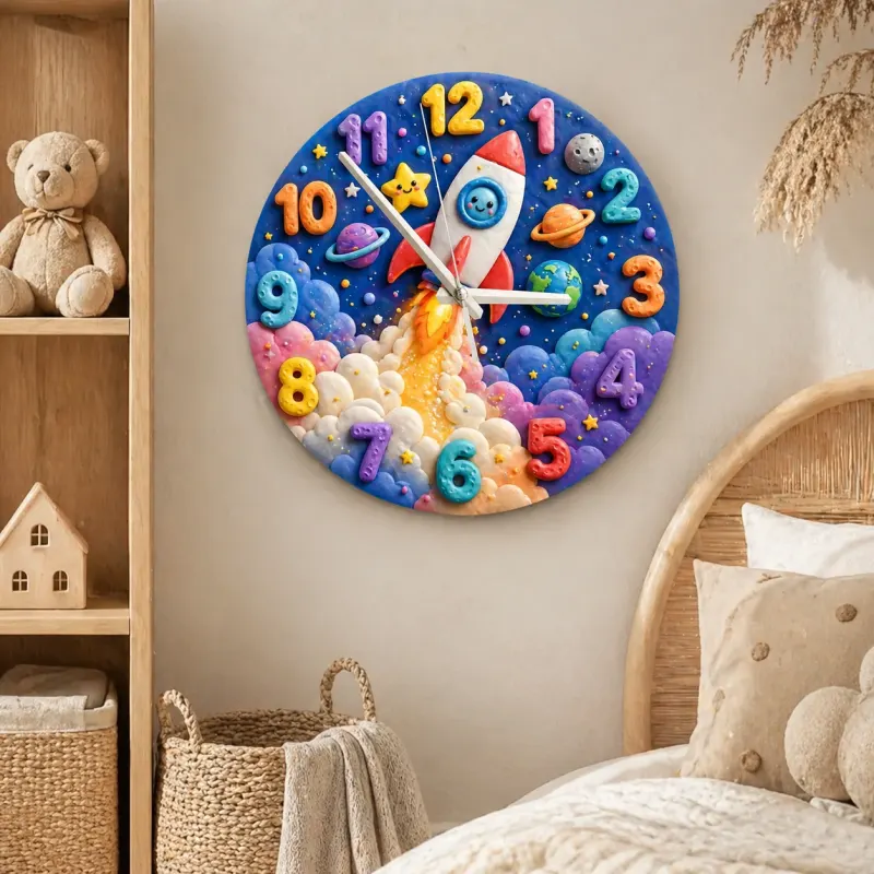 Cute Space Rocket Kids Room Wall Clock