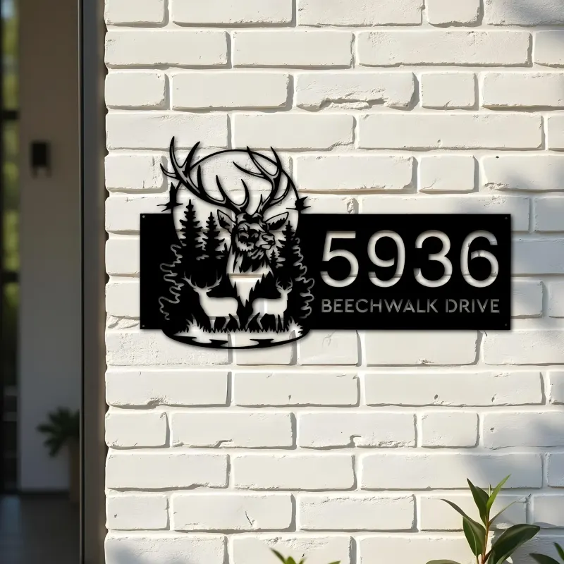 Custom Metal Deer buck forest scene Metal Address Sign, House number, Outdoor Number Signage, Yard Sign Address Plate