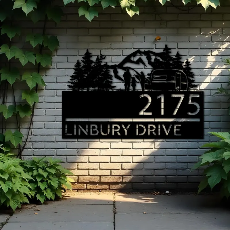 Custom Metal Camping trailer mountain pine tree Metal Address Sign, House number, Outdoor Number Signage, Yard Sign Address Plate