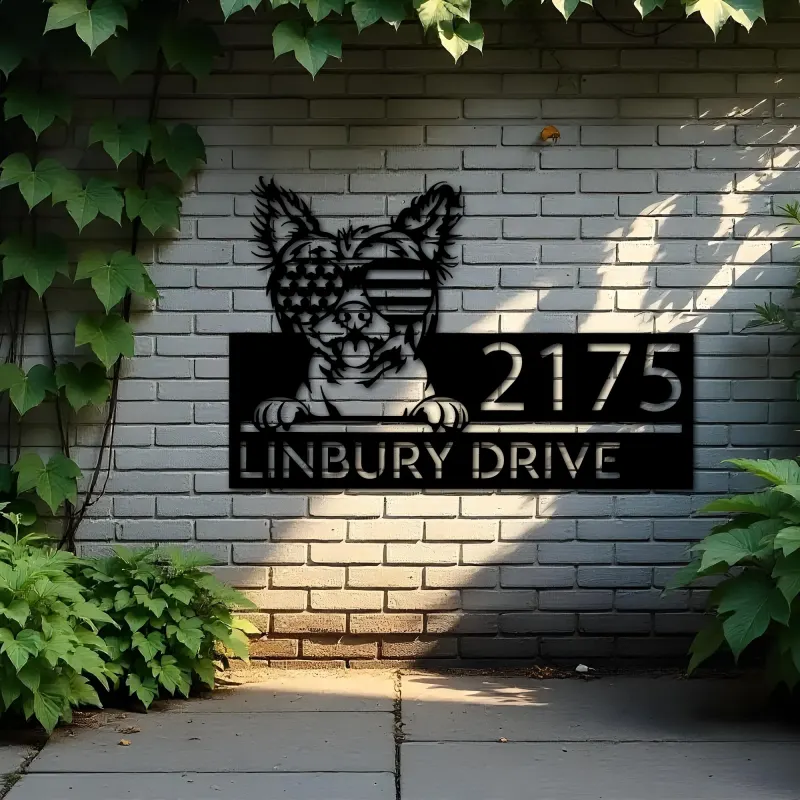Custom Metal Chinese Crested dog US glasses Metal Address Sign House number Hanging Address Plaque Yard Sign Outdoor decor