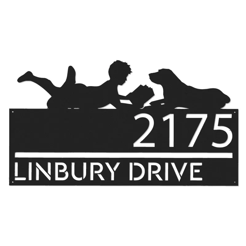 Custom Metal Boy reading book with dog Metal Address Sign, House number, Outdoor Number Signage, Yard Sign Address Plate