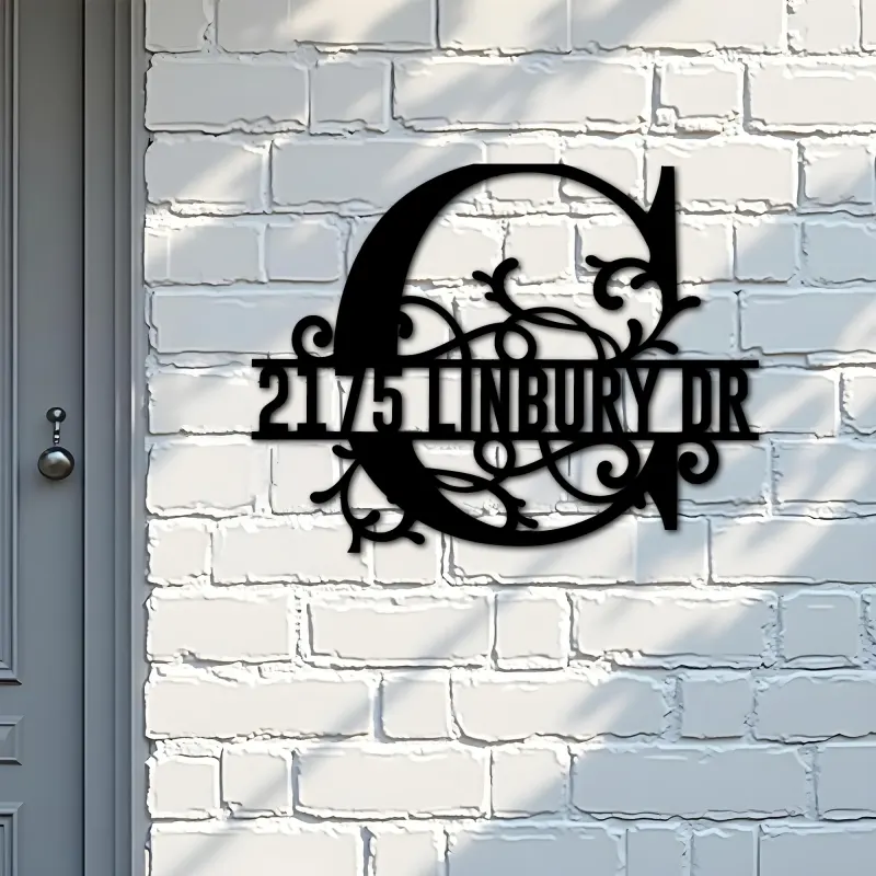 Custom Metal Floral Monogram Split Letter C Metal Address Sign House number Hanging Address Plaque Yard Sign Outdoor decor
