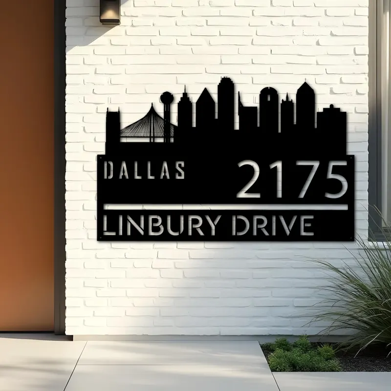 Custom Metal Dallas city skyline Metal Address Sign Hanging Address Plaque house number Yard Outdoor Sign