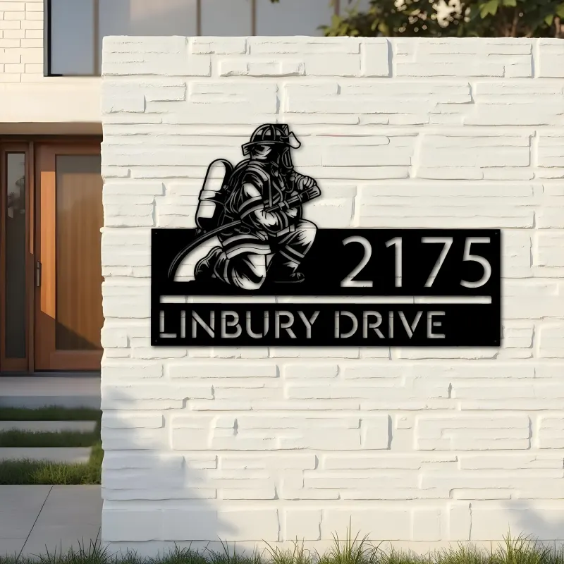 Custom Metal Fireman fire fighter Metal Address Sign, House number, Outdoor Number Signage, Yard Sign Address Plate