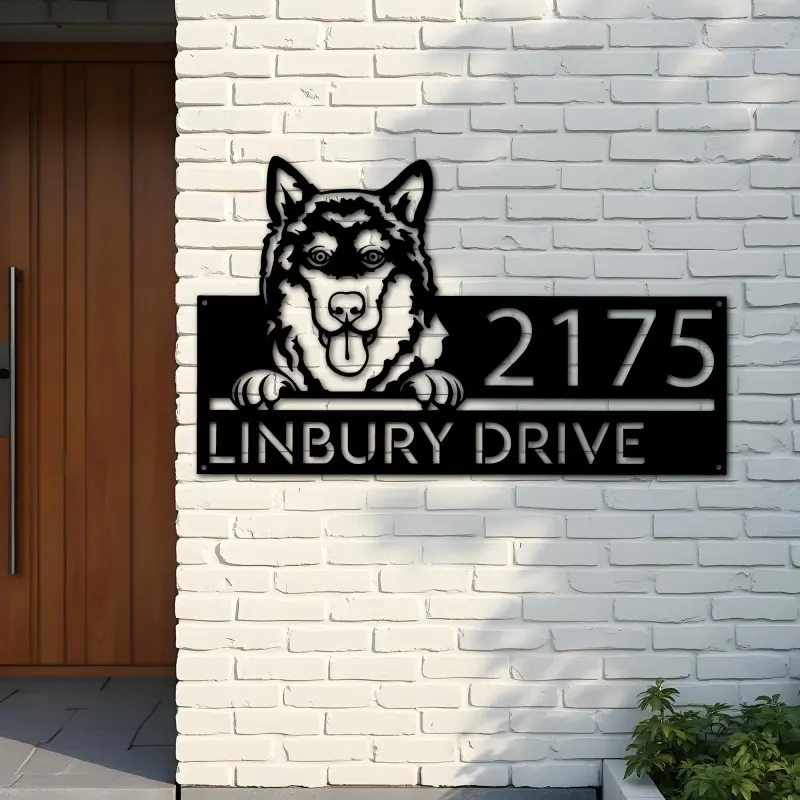 Custom Metal Alaskan Malamute dog cute puppy Metal Address Sign House number Hanging Address Plaque Yard Sign Outdoor decor