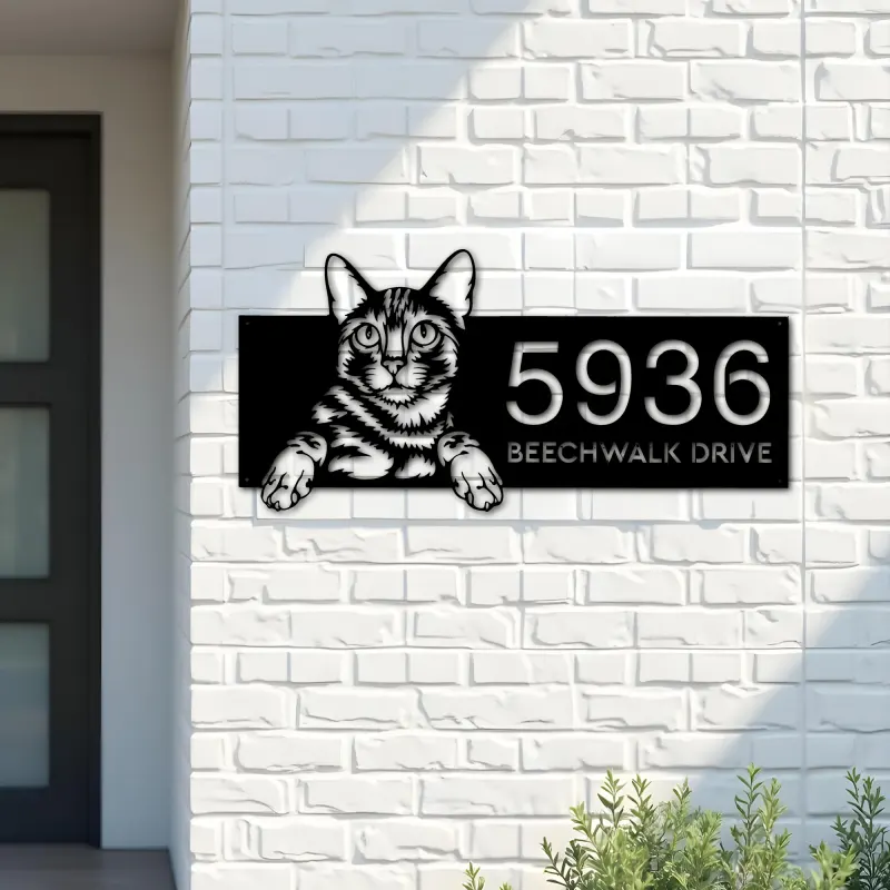 Custom Metal Bengal Cute peeking cat kitten Metal Address Sign, House number, Outdoor Number Signage, Yard Sign Address Plate