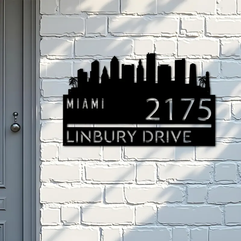 Custom Metal Miami city skyline Metal Address Sign Hanging Address Plaque house number Yard Outdoor Sign
