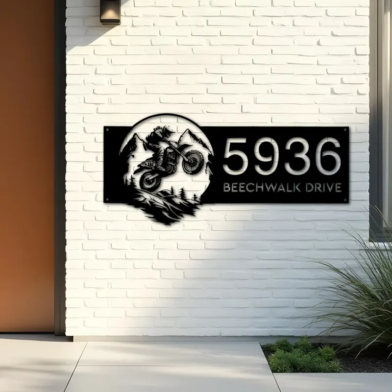 Custom Metal Motocross rider Mountain bike climbing Metal Address Sign, House number, Outdoor Number Signage, Yard Sign Address Plate
