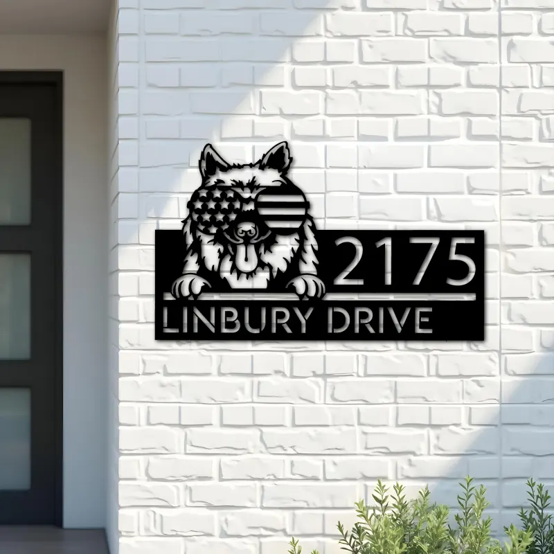 Custom Metal Keeshond dog US flag glasses Metal Address Sign House number Hanging Address Plaque Yard Sign Outdoor decor