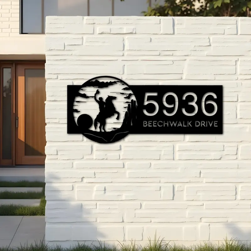 Custom Metal Greeting Cowboy on Horse on Sunrise Metal Address Sign, House number, Outdoor Number Signage, Yard Sign Address Plate